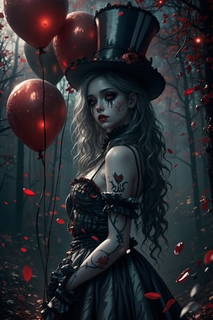 (masterpiece, high quality, 8K resolution). higly stylized and detailed close up anime portrait with mystic and horror embience. A hauntingly beautiful illustration unfolds:  A melancholic gothic clown girl wearing a striped black-and-white outfit, holding red and black balloons. Her long, wavy hair flows beneath a tilted top hat with matching black-and-white stripes. She has pale skin with dark makeup and a stitched smile painted across her face. A heart tattoo decorates her arm, adding a touch of fragile beauty. The background is a hazy, mist-filled forest with soft, glowing bokeh lights, creating an eerie yet enchanting atmosphere. Red petals drift in the air, enhancing the melancholic mood.