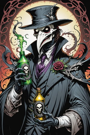 midshot, cel-shading style, centered image, ultra detailed illustration of the comic character ((Spawn  Plague Doctor by Todd McFarlane)), posing, gray and black suit with a skull emblem, ((holding bottle of poison)), ((Half Body)), ornate background, (tetradic colors), inkpunk, ink lines, strong outlines, art by MSchiffer, bold traces, unframed, high contrast, cel-shaded, vector, 4k resolution, best quality, (chromatic aberration:1.8)