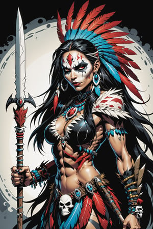 midshot, cel-shading style, centered image, ultra detailed illustration of the comic character ((female Spawn American Indian, by Todd McFarlane)), posing,  he has black  in traditional Indian attire with a skull emblem, ((holding a spear)), ((animal skins in the background)),  (((Full Body))), (tetradic colors), inkpunk, ink lines, strong outlines, art by MSchiffer, bold traces, unframed, high contrast, cel-shaded, vector, 4k resolution, best quality, (chromatic aberration:1.8)