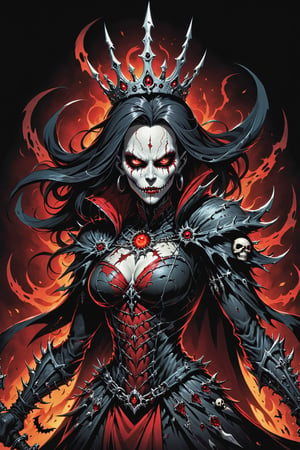 midshot, cel-shading style, centered image, ultra detailed illustration of the comic character (( female Spawn  Halloween-style fantasy world image featuring a terrifying undead Queen with a skull face and glowing red eyes. Envision the Queen adorned in torn black and red dark clothes, wielding a deadly, sinister spiky weapon. Specify a dark fantasy-style atmosphere with chilling details, capturing the sinister essence of this undead monarch. Request a visually striking composition that blends the elements of horror and fantasy, creating a haunting masterpiece perfect for the Halloween theme by, Todd McFarlane)), posing,  he has black  in traditional Indian attire with a skull emblem, ((holding a A spear)),  (((Full Body))), (((perfect hands))),(((realistic hands))),(((accurate hands))), (tetradic colors), inkpunk, ink lines, strong outlines, art by MSchiffer, bold traces, unframed, high contrast, cel-shaded, vector, 4k resolution, best quality, (chromatic aberration:1.8)