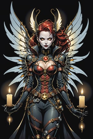 midshot, cel-shading style, centered image, ultra detailed illustration of the comic character ((female Spawn a steampunk faerie, her delicate wings shimmering in the soft glow of candlelight, by Todd McFarlane)), posing, in black and bronze suit with a skull emblem, ((holding a candle in one hand)), ((perfect hands)), (((The other hand is closed))), ((Half Body)), (tetradic colors), inkpunk, ink lines, strong outlines, art by MSchiffer, bold traces, unframed, high contrast, cel-shaded, vector, 4k resolution, best quality, (chromatic aberration:1.8)