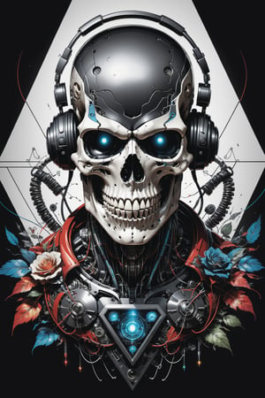 

A mesmerizing, ultra-detailed illustration  in a It's just three mens characters cyborg skull robot portrait inside a triangle, they mixing, like tekno tribe visual free party with speaker and sub bass around him, audio speaker sono Inside and Intricate cable and electronic device in vector illustration design, black and withe, no grey level, illustration with black background no gradient, logo style, for printing ready, in a powerful pose, High-key lighting illuminates the scene, showcasing the perfect anatomy, Strong outlines and bold traces define the cel-shaded, vector illustration, rendered in 4K resolution. The overall atmosphere is unsettling yet motivational, evoking the styles of Glenn Brown, Carne Griffiths, Alex Ross, Artgerm, James Jean Bangs, and Todd McFarlane.