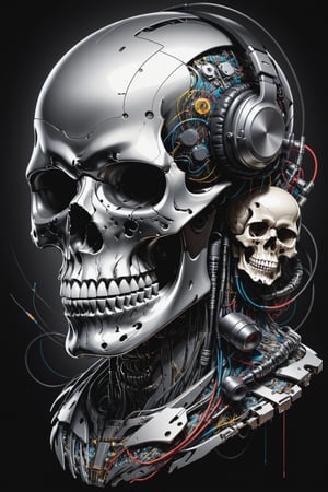 

A mesmerizing, ultra-detailed illustration  in a It's just three skulls characters cyborg skull robot portrait inside a triangle, they mixing, like tekno tribe visual free party with speaker and sub bass around him, audio speaker sono Inside and Intricate cable and electronic device in vector illustration design, black and withe, no grey level, illustration with black background no gradient, logo style, for printing ready, in a powerful pose, High-key lighting illuminates the scene, showcasing the perfect anatomy, Strong outlines and bold traces define the cel-shaded, vector illustration, rendered in 4K resolution. The overall atmosphere is unsettling yet motivational, evoking the styles of Glenn Brown, Carne Griffiths, Alex Ross, Artgerm, James Jean Bangs, and Todd McFarlane.