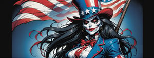 midshot, cel-shading style, centered image, ultra detailed illustration of the comic character ((female Spawn Uncle Sam, by Todd McFarlane)), posing, long black long hair, Red white and blue, suit with a skull emblem, waving the flag, ((Full Body)), (tetradic colors), inkpunk, ink lines, strong outlines, art by MSchiffer, bold traces, unframed, high contrast, cel-shaded, vector, 4k resolution, best quality, (chromatic aberration:1.8)