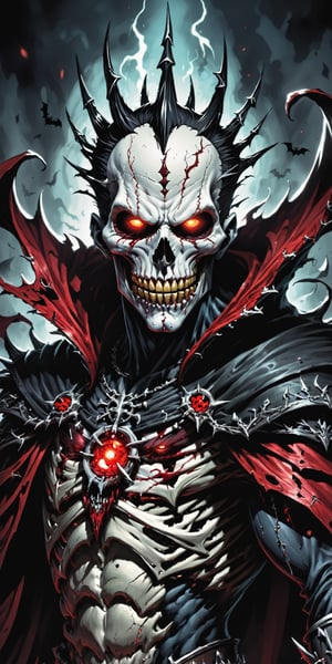 midshot, cel-shading style, centered image, ultra detailed illustration of the comic character (( Spawn   Halloween-style fantasy world image featuring a terrifying undead king with a skull face and glowing red eyes. Envision the king adorned in torn black and red dark clothes, wielding a deadly, sinister spiky weapon. Specify a dark fantasy-style atmosphere with chilling details, capturing the sinister essence of this undead monarch. Request a visually striking composition that blends the elements of horror and fantasy, creating a haunting masterpiece perfect for the Halloween theme by, Todd McFarlane)), posing,  he has black  in traditional Indian attire with a skull emblem, ((holding a A spear)),  (((Full Body))), (((perfect hands))),(((realistic hands))),(((accurate hands))), (tetradic colors), inkpunk, ink lines, strong outlines, art by MSchiffer, bold traces, unframed, high contrast, cel-shaded, vector, 4k resolution, best quality, (chromatic aberration:1.8)