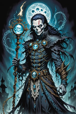 midshot, cel-shading style, centered image, ultra detailed illustration of the comic character ((female Spawn Victorian horror theme, a character of a spectral figure known as the "Haunted Harbinger", a ghostly apparition of a long-dead aristocrat, wears a tattered once-opulent suit adorned with decayed medals and frayed lace, translucent skin glows with an ethereal blue light,  eyes are empty sockets that emit a ghostly mist, chains hang from its wrists and ankles dragging along the ground with a haunting clatter, twisted face in eternal agony, carries a spectral lantern that casts an eerie flickering light by, Todd McFarlane)), posing,  he has black  in traditional Indian attire with a skull emblem, ((holding a spear)), Indian TP in the background)),  (((Full Body))), (tetradic colors), inkpunk, ink lines, strong outlines, art by MSchiffer, bold traces, unframed, high contrast, cel-shaded, vector, 4k resolution, best quality, (chromatic aberration:1.8)