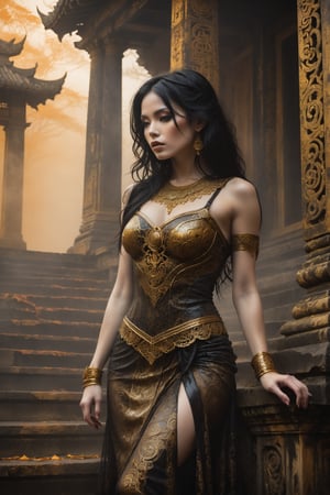 Hauntingly beautiful woman posed on weathered temple steps, shrouded in thick golden fog that morphs into eerie aura. Softly lit by warm orange-golden tones, her pale skin and black hair contrast against dark brown leather attire, complete with intricate filigree patterns. Dripping oil textures add a sense of decay to the scene. Her closed hands cradle her muscular figure, emphasizing its definition. The dramatic lighting casts stark catchlights and shadows, highlighting her haunting beauty amidst the desolate temple backdrop.