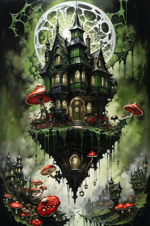 Ultra-wide-angle, photorealistic medieval gothic steam punk shot of an exciting fusion between Spawn and (((A creepy house, spiderweb and a large mushrooms hanging over the house))) in a new character that embodies elements of both, (((spiderwebs))), silver mechanical gears in the background, people, see. Black and Olive green, light, green and red, ink Flow - 8k Resolution Photorealistic Masterpiece - by Aaron Horkey and Jeremy Mann - Intricately Detailed. fluid gouache painting: by Jean Baptiste Mongue: calligraphy: acrylic: colorful watercolor, cinematic lighting, maximalist photoillustration: by marton bobzert: 8k resolution concept art, intricately detailed realism, complex, elegant, expansive, fantastical and psychedelic, dripping paint , in the chasm of the empire estate, night, the moon, buildings, reflections, wings, and other elements need to stay in frame,(isolate object)