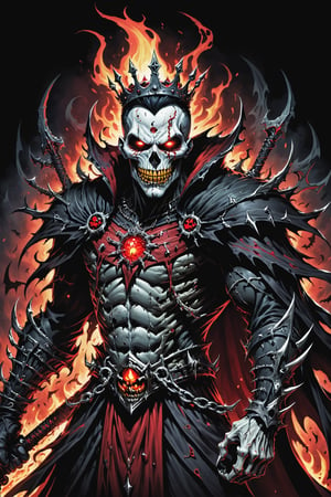 midshot, cel-shading style, centered image, ultra detailed illustration of the comic character (( Spawn   Halloween-style fantasy world image featuring a terrifying undead king with a skull face and glowing red eyes. Envision the king adorned in torn black and red dark clothes, wielding a deadly, sinister spiky weapon. Specify a dark fantasy-style atmosphere with chilling details, capturing the sinister essence of this undead monarch. Request a visually striking composition that blends the elements of horror and fantasy, creating a haunting masterpiece perfect for the Halloween theme by, Todd McFarlane)), posing,  he has black  in traditional Indian attire with a skull emblem, ((holding a A spear)),  (((Full Body))), (((perfect hands))),(((realistic hands))),(((accurate hands))), (tetradic colors), inkpunk, ink lines, strong outlines, art by MSchiffer, bold traces, unframed, high contrast, cel-shaded, vector, 4k resolution, best quality, (chromatic aberration:1.8)