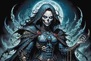 midshot, cel-shading style, centered image, ultra detailed illustration of the comic character ((female Spawn Victorian horror theme, a character of a spectral figure known as the "Haunted Harbinger", a ghostly apparition of a long-dead aristocrat, wears a tattered once-opulent suit adorned with decayed medals and frayed lace, translucent skin glows with an ethereal blue light,  eyes are empty sockets that emit a ghostly mist, chains hang from its wrists and ankles dragging along the ground with a haunting clatter, twisted face in eternal agony, carries a spectral lantern that casts an eerie flickering light by, Todd McFarlane)), posing,  with a skull emblem, ((holding a spear)), (((Full Body))),(((perfect hands))), (((accurate hands))), (((realistic hands))), (tetradic colors), inkpunk, ink lines, strong outlines, art by MSchiffer, bold traces, unframed, high contrast, cel-shaded, vector, 4k resolution, best quality, (chromatic aberration:1.8)