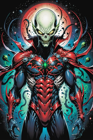 midshot, cel-shading style, centered image, ultra detailed illustration of the comic character ((male Spawn Space Alien, by Todd McFarlane)), posing, in creepy alien space suit, ((Half Body)), (tetradic colors), inkpunk, ink lines, strong outlines, art by MSchiffer, bold traces, unframed, high contrast, cel-shaded, vector, 4k resolution, best quality, (chromatic aberration:1.8)