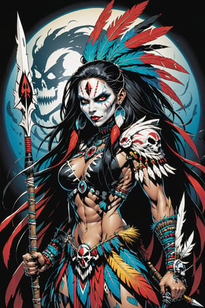 midshot, cel-shading style, centered image, ultra detailed illustration of the comic character ((female Spawn American Indian, by Todd McFarlane)), posing,  he has black  in traditional Indian attire with a skull emblem, ((holding a spear)), (((Full Body))), (tetradic colors), inkpunk, ink lines, strong outlines, art by MSchiffer, bold traces, unframed, high contrast, cel-shaded, vector, 4k resolution, best quality, (chromatic aberration:1.8)