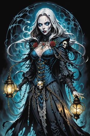 midshot, cel-shading style, centered image, ultra detailed illustration of the comic character ((female Spawn Victorian horror theme, a character of a spectral figure known as the "Haunted Harbinger", a ghostly apparition of a long-dead aristocrat, wears a tattered once-opulent suit adorned with decayed medals and frayed lace, translucent skin glows with an ethereal blue light,  eyes are empty sockets that emit a ghostly mist, chains hang from its wrists and ankles dragging along the ground with a haunting clatter, twisted face in eternal agony, carries a spectral lantern that casts an eerie flickering light by, Todd McFarlane)), posing,  with a skull emblem, ((holding a spear)), (((Full Body))),(((perfect hands))), (((accurate hands))), (((realistic hands))), (tetradic colors), inkpunk, ink lines, strong outlines, art by MSchiffer, bold traces, unframed, high contrast, cel-shaded, vector, 4k resolution, best quality, (chromatic aberration:1.8)