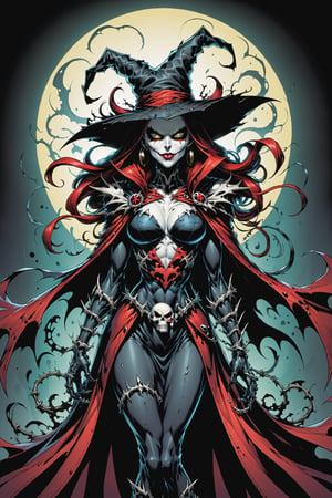 midshot, cel-shading style, centered image, ultra detailed illustration of the comic character ((female Spawn Which by Todd McFarlane)), posing, Black, dress with a skull emblem, ((wearing a large rimmed Single pointed hat)),   ((Full Body)), (tetradic colors), inkpunk, ink lines, strong outlines, art by MSchiffer, bold traces, unframed, high contrast, cel-shaded, vector, 4k resolution, best quality, (chromatic aberration:1.8)