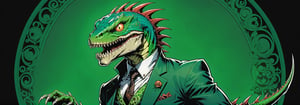 midshot, cel-shading style, centered image, ultra detailed illustration of the comic character ((lizard Spawn by Todd McFarlane)), posing, green, light green, brown, and black suit with a skull emblem, ((Full Body)) ,ornate background, (tetradic colors), inkpunk, ink lines, strong outlines, art by MSchiffer, bold traces, unframed, high contrast, cel-shaded, vector, 4k resolution, best quality, (chromatic aberration:1.8)