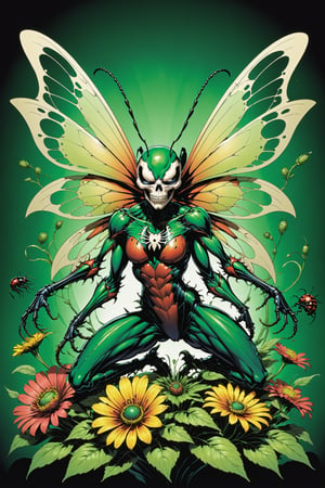 midshot, cel-shading style, centered image, ultra detailed illustration of the comic character ((Female Insect Spawn by Todd McFarlane)), posing, green, light green, brown, and black suit with a skull emblem, ((crouch down on top of a giant flower)), ((Full Body)), ((beetle, wings)),ornate background, (tetradic colors), inkpunk, ink lines, strong outlines, art by MSchiffer, bold traces, unframed, high contrast, cel-shaded, vector, 4k resolution, best quality, (chromatic aberration:1.8)