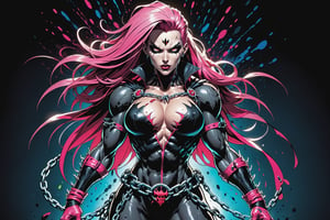 midshot, cel-shading style, centered image, ultra detailed illustration of the comic character ((female Spawn warrior woman, by Todd McFarlane)), posing, extremely muscular overly muscular large breast extremely extremely muscular, black, neon pink, suit with a belt with a skull on it, long pale pink hair in a tall, single ponytail, ((view from Behind she’s looking over her shoulder)),  ((Full Body)), ((view from behind)), ((holding chains in her hand)), splatters of paint in the background glowing neon, perfect hands, (tetradic colors), inkpunk, ink lines, strong outlines, art by MSchiffer, bold traces, unframed, high contrast, cel-shaded, vector, 4k resolution, best quality, (chromatic aberration:1.8)