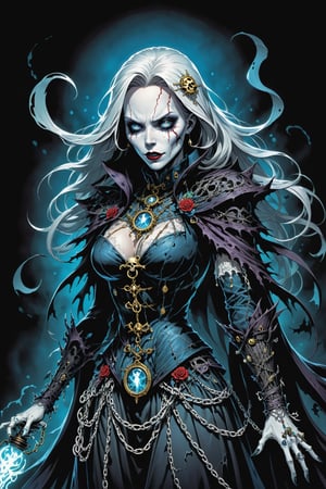 midshot, cel-shading style, centered image, ultra detailed illustration of the comic character ((female Spawn Victorian horror theme, a character of a spectral figure known as the "Haunted Harbinger", a ghostly apparition of a long-dead aristocrat, wears a tattered once-opulent suit adorned with decayed medals and frayed lace, translucent skin glows with an ethereal blue light,  eyes are empty sockets that emit a ghostly mist, chains hang from its wrists and ankles dragging along the ground with a haunting clatter, twisted face in eternal agony, carries a spectral lantern that casts an eerie flickering light by, Todd McFarlane)), posing,  with a skull emblem, ((holding a spear)), (((Full Body))),(((perfect hands))), (((accurate hands))), (((realistic hands))), (tetradic colors), inkpunk, ink lines, strong outlines, art by MSchiffer, bold traces, unframed, high contrast, cel-shaded, vector, 4k resolution, best quality, (chromatic aberration:1.8)