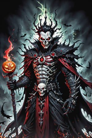 midshot, cel-shading style, centered image, ultra detailed illustration of the comic character (( Spawn   Halloween-style fantasy world image featuring a terrifying undead king with a skull face and glowing red eyes. Envision the king adorned in torn black and red dark clothes, wielding a deadly, sinister spiky weapon. Specify a dark fantasy-style atmosphere with chilling details, capturing the sinister essence of this undead monarch. Request a visually striking composition that blends the elements of horror and fantasy, creating a haunting masterpiece perfect for the Halloween theme by, Todd McFarlane)), posing,  he has black  in traditional Indian attire with a skull emblem, ((holding a A spear)),  (((Full Body))), (((perfect hands))),(((realistic hands))),(((accurate hands))), (tetradic colors), inkpunk, ink lines, strong outlines, art by MSchiffer, bold traces, unframed, high contrast, cel-shaded, vector, 4k resolution, best quality, (chromatic aberration:1.8)