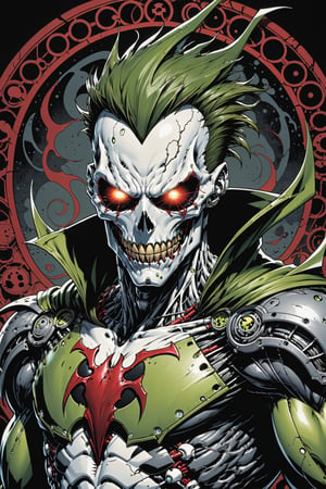 midshot, cel-shading style, centered image, ultra detailed illustration of the comic character ((Spawn  cyborg by Todd McFarlane)), posing, Olive Green gray and black suit with a skull emblem, ((Half Body)), ornate background, (tetradic colors), inkpunk, ink lines, strong outlines, art by MSchiffer, bold traces, unframed, high contrast, cel-shaded, vector, 4k resolution, best quality, (chromatic aberration:1.8)