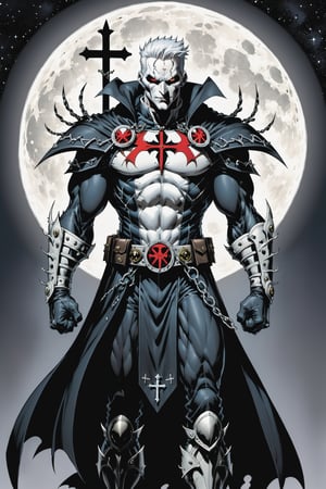 midshot, cel-shading style, centered image, ultra detailed illustration of the comic character ((male Spawn Warrior Catholic priest, by Todd McFarlane)), posing, white  hair,  ((cross around his neck)), charcoal and black white suit with cross emblem, gun belts draped over his shoulders, ((Full Body)), ((perfect hands)), the moon in the background, (tetradic colors), inkpunk, ink lines, strong outlines, art by MSchiffer, bold traces, unframed, high contrast, cel-shaded, vector, 4k resolution, best quality, (chromatic aberration:1.8)