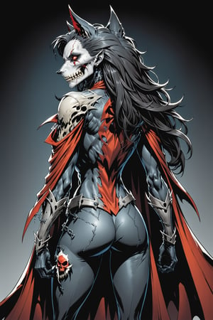 midshot, cel-shading style, centered image, ultra detailed illustration of the comic character ((female Spawn Wolf lady, by Todd McFarlane)), posing, long black long hair, Gray rust, and black suit with a skull emblem, rust flowing cape, ((view from Behind she’s looking over her shoulder)),  ((she has a wolf snout)), ((Full Body)), ((view from behind)),  (tetradic colors), inkpunk, ink lines, strong outlines, art by MSchiffer, bold traces, unframed, high contrast, cel-shaded, vector, 4k resolution, best quality, (chromatic aberration:1.8)