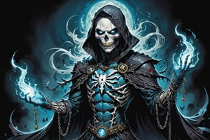 midshot, cel-shading style, centered image, ultra detailed illustration of the comic character ((female Spawn Victorian horror theme, a character of a spectral figure known as the "Haunted Harbinger", a ghostly apparition of a long-dead aristocrat, wears a tattered once-opulent suit adorned with decayed medals and frayed lace, translucent skin glows with an ethereal blue light,  eyes are empty sockets that emit a ghostly mist, chains hang from its wrists and ankles dragging along the ground with a haunting clatter, twisted face in eternal agony, carries a spectral lantern that casts an eerie flickering light by, Todd McFarlane)), posing,  with a skull emblem, ((holding a spear)), (((Full Body))),(((perfect hands))), (((accurate hands))), (((realistic hands))), (tetradic colors), inkpunk, ink lines, strong outlines, art by MSchiffer, bold traces, unframed, high contrast, cel-shaded, vector, 4k resolution, best quality, (chromatic aberration:1.8)