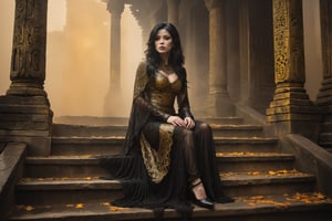 Hauntingly beautiful woman posed on weathered temple steps, shrouded in thick golden fog that morphs into eerie aura. Softly lit by warm orange-golden tones, her pale skin and black hair contrast against dark brown leather attire, complete with intricate filigree patterns. Dripping oil textures add a sense of decay to the scene. Her closed hands cradle her muscular figure, emphasizing its definition. The dramatic lighting casts stark catchlights and shadows, highlighting her haunting beauty amidst the desolate temple backdrop.