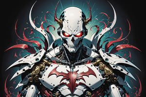 midshot, cel-shading style, centered image, ultra detailed illustration of the comic character ((Spawn  large Mechanoid robot by Todd McFarlane)), posing, bronze, white, and black suit with a skull emblem, ((Half Body)), ornate background, (tetradic colors), inkpunk, ink lines, strong outlines, art by MSchiffer, bold traces, unframed, high contrast, cel-shaded, vector, 4k resolution, best quality, (chromatic aberration:1.8)
