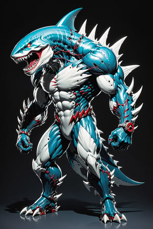 midshot, cel-shading style, centered image, ultra detailed illustration of the comic character ((Spawn , A cyborg Megalodon combines raw natural power with advanced technology. This fearsome creature features a blend of organic scales and sleek metallic components. His limbs are reinforced with steel plating and hydraulic joints, enhancing its strength and agility. Cybernetic eyes glow with a menacing light, capable of night vision and advanced targeting. The Megalodon claws are replaced with razor-sharp. This fusion of beast and machine creates a formidable predator, both in the wild and in combat scenarios.,exosuit, by Todd McFarlane)), posing, with a skull emblem,   (((Full Body))), accent color, gray,white, black and blue, (tetradic colors), inkpunk, ink lines, strong outlines, art by MSchiffer, bold traces, unframed, high contrast, cel-shaded, vector, 4k resolution, best quality, (chromatic aberration:1.8)