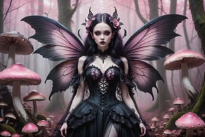 A hauntingly beautiful woman (((gothic fairy with Beautiful, detailed wings))) wearing Lacie victorian clothing (((standing beside giant mushrooms))), shrouded in thick pink-hued fog that morphs into an eerie aura. Her pale skin and  very, very long hair contrast against the dark Gothic dress,  with filigree and Zentangle patterns, punctuated by dripping oil textures. Her closed hands cradle her muscular figure, emphasizing her muscular physique, The dramatic lighting creates stark catchlights and shadows, highlighting her haunting beauty amidst A forest with mushrooms everywhere backdrop bathed in pink hues.