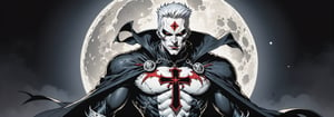 midshot, cel-shading style, centered image, ultra detailed illustration of the comic character ((male Spawn Warrior Catholic priest, by Todd McFarlane)), posing, white  hair,  ((cross around his neck)), charcoal and black white suit with cross emblem, gun belts draped over his shoulders, ((Full Body)), ((perfect hands)), the moon in the background, (tetradic colors), inkpunk, ink lines, strong outlines, art by MSchiffer, bold traces, unframed, high contrast, cel-shaded, vector, 4k resolution, best quality, (chromatic aberration:1.8)