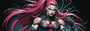 midshot, cel-shading style, centered image, ultra detailed illustration of the comic character ((female Spawn warrior woman, by Todd McFarlane)), posing, extremely muscular overly muscular large breast extremely extremely muscular, black, neon pink, suit with a belt with a skull on it, long pale pink hair in a tall, single ponytail, ((view from Behind she’s looking over her shoulder)),  ((Full Body)), ((view from behind)), ((holding chains in her hand)), splatters of paint in the background glowing neon, perfect hands, (tetradic colors), inkpunk, ink lines, strong outlines, art by MSchiffer, bold traces, unframed, high contrast, cel-shaded, vector, 4k resolution, best quality, (chromatic aberration:1.8)