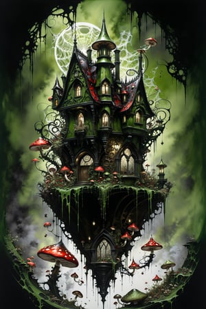 Ultra-wide-angle, photorealistic medieval gothic steam punk shot of an exciting fusion between Spawn and (((A creepy house, spiderweb and a large mushrooms))) in a new character that embodies elements of both, (((spiderwebs))), silver mechanical gears in the background, people, see. Black and Olive green, light, green and red, ink Flow - 8k Resolution Photorealistic Masterpiece - by Aaron Horkey and Jeremy Mann - Intricately Detailed. fluid gouache painting: by Jean Baptiste Mongue: calligraphy: acrylic: colorful watercolor, cinematic lighting, maximalist photoillustration: by marton bobzert: 8k resolution concept art, intricately detailed realism, complex, elegant, expansive, fantastical and psychedelic, dripping paint , in the chasm of the empire estate, night, the moon, buildings, reflections, wings, and other elements need to stay in frame,(isolate object)