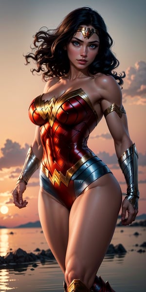 1woman, Wonder Woman, (((floating in the air))),(((flying in the air))), (((flying))),((full body)), ((sunset behind her)),(intricate details, makeup), (delicate and beautiful delicate face, delicate and beautiful delicate eyes, perfectly proportioned face), delicate skin, strong and realistic blue eyes, realistic black hair, lips, makeup, natural skin texture, tiara, jewelry, (star), \(symbol\),(((leotard))), (((wonder woman uniform))), gauntlet, red boots, golden girdle, (public clothing: 1.5), bare shoulders, slightly sunburned complexion, mature, sexy, toned muscles, (muscles:1.2), (((her body floating high in the sky))), (((flying through the clouds))),((strong and healthy body)), ((((more muscles))), long legs, curves, (big breasts: 1.3), thin waist, soft waist, (delicate skin), (beautiful and sexy woman), (swollen lips: 0.9), very delicate muscles, standing,(realistic: 1.5), photorealistic, octane rendering, hyperrealistic, tight modeling, (photorealistic face: 1.2), thick eyelashes, long eyelashes, (curly dark hair: 1.1), best quality, half smile, (looking at the viewer), sharp focus, (4k), (masterpiece), (best quality), fantasy, extremely detailed, intricate, hyper detailed, (perfect face), illustration, soft lighting,(specular lighting:1.4), blue eyes, absurdly photorealistic, ultra high resolution, intricate, hyperdetailed, (skindentation), female, detailed body, (detailed face: 1.1), (outlined iris), (hydrocolor lenses), (perfect eyes), 4k, gorgeous, (masterpiece: 1.2), (best quality:1.2),