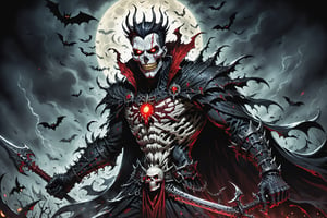 midshot, cel-shading style, centered image, ultra detailed illustration of the comic character (( Spawn   Halloween-style fantasy world image featuring a terrifying undead king with a skull face and glowing red eyes. Envision the king adorned in torn black and red dark clothes, wielding a deadly, sinister spiky weapon. Specify a dark fantasy-style atmosphere with chilling details, capturing the sinister essence of this undead monarch. Request a visually striking composition that blends the elements of horror and fantasy, creating a haunting masterpiece perfect for the Halloween theme by, Todd McFarlane)), posing,  he has black  in traditional Indian attire with a skull emblem, ((holding a A spear)),  (((Full Body))), (((perfect hands))),(((realistic hands))),(((accurate hands))), (tetradic colors), inkpunk, ink lines, strong outlines, art by MSchiffer, bold traces, unframed, high contrast, cel-shaded, vector, 4k resolution, best quality, (chromatic aberration:1.8)