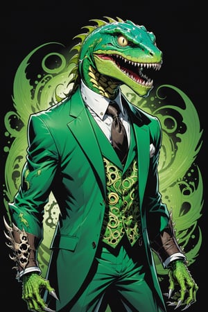 midshot, cel-shading style, centered image, ultra detailed illustration of the comic character ((lizard Spawn by Todd McFarlane)), posing, green, light green, brown, and black suit with a skull emblem, ((Full Body)) ,ornate background, (tetradic colors), inkpunk, ink lines, strong outlines, art by MSchiffer, bold traces, unframed, high contrast, cel-shaded, vector, 4k resolution, best quality, (chromatic aberration:1.8)