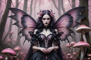 A hauntingly beautiful woman (((gothic fairy with Beautiful, detailed wings))) wearing Lacie victorian clothing (((standing beside giant mushrooms))), shrouded in thick pink-hued fog that morphs into an eerie aura. Her pale skin and  very, very long hair contrast against the dark Gothic dress,  with filigree and Zentangle patterns, punctuated by dripping oil textures. Her closed hands cradle her muscular figure, emphasizing her muscular physique, The dramatic lighting creates stark catchlights and shadows, highlighting her haunting beauty amidst A forest with mushrooms everywhere backdrop bathed in pink hues.