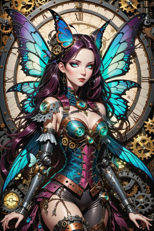 midshot, cel-shading style, centered image, ultra detailed illustration of the comic character ((Spawn 
In the dimly lit, ornate chamber of a mystical steampunk realm, a faerie girl with delicate features and iridescent butterfly wings sprawls amidst a tapestry of gears and cogs. A robot cat, its mechanical limbs splayed in relaxation, rests beside her as candlelight dances across their faces. The soft glow casts a warm ambiance, rendering the intricate details of the steampunk contraptions and the faerie's ethereal wings in exquisite 8K HDR resolution, with an impressive bokeh effect blurring the background, by Todd McFarlane)), posing, ((Full Body)), ((perfect hands)), ((neon glow in the background)), (tetradic colors), inkpunk, ink lines, strong outlines, art by MSchiffer, bold traces, unframed, high contrast, cel-shaded, vector, 4k resolution, 