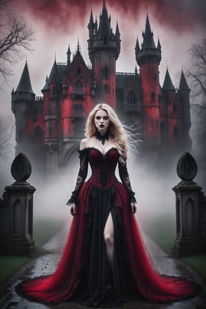 A hauntingly beautiful woman vampire standing in front of a weathered gothic Castle, shrouded in thick red -hued fog that morphs into an eerie aura. Her pale skin and blonde very, very long hair contrast against the dark Black lacie gothic dress,  with filigree and Zentangle patterns, punctuated by dripping oil textures. Her closed hands cradle her curvy figure, emphasizing her  muscular physique, The dramatic lighting creates stark catchlights and shadows, highlighting her haunting beauty amidst a desolate gothic Castle backdrop bathed in red hues.