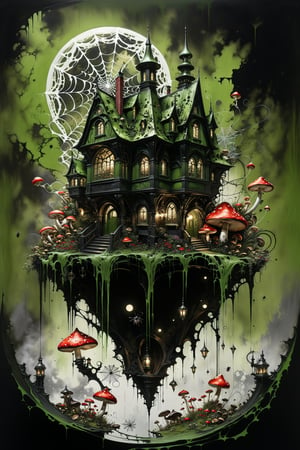 Ultra-wide-angle, photorealistic medieval gothic steam punk shot of an exciting fusion between Spawn and (((A creepy house, spiderweb and a large mushrooms))) in a new character that embodies elements of both, (((spiderwebs))), silver mechanical gears in the background, people, see. Black and Olive green, light, green and red, ink Flow - 8k Resolution Photorealistic Masterpiece - by Aaron Horkey and Jeremy Mann - Intricately Detailed. fluid gouache painting: by Jean Baptiste Mongue: calligraphy: acrylic: colorful watercolor, cinematic lighting, maximalist photoillustration: by marton bobzert: 8k resolution concept art, intricately detailed realism, complex, elegant, expansive, fantastical and psychedelic, dripping paint , in the chasm of the empire estate, night, the moon, buildings, reflections, wings, and other elements need to stay in frame,(isolate object)