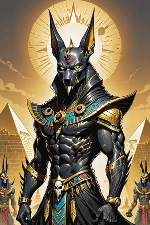 midshot, cel-shading style, centered image, ultra detailed illustration of the comic character ((Spawn     Egyptian Anubis by Todd McFarlane)), posing, gold rust, and black suit with a skull emblem, ((creepy pyramids in the background )), ((Full Body)), perfect hands, ornate background, perfect hands, (tetradic colors), inkpunk, ink lines, strong outlines, art by MSchiffer, bold traces, unframed, high contrast, cel-shaded, vector, 4k resolution, best quality, (chromatic aberration:1.8)