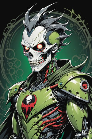 midshot, cel-shading style, centered image, ultra detailed illustration of the comic character ((Spawn  marge Mechanoid robot by Todd McFarlane)), posing, Olive Green gray and black suit with a skull emblem, ((Half Body)), ornate background, (tetradic colors), inkpunk, ink lines, strong outlines, art by MSchiffer, bold traces, unframed, high contrast, cel-shaded, vector, 4k resolution, best quality, (chromatic aberration:1.8)
