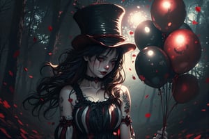 (masterpiece, high quality, 8K resolution). higly stylized and detailed close up anime portrait with mystic and horror embience. A hauntingly beautiful illustration unfolds:  A melancholic gothic clown girl wearing a striped black-and-white outfit, holding red and black balloons. Her long, wavy hair flows beneath a tilted top hat with matching black-and-white stripes. She has pale skin with dark makeup and a stitched smile painted across her face. A heart tattoo decorates her arm, adding a touch of fragile beauty. The background is a hazy, mist-filled forest with soft, glowing bokeh lights, creating an eerie yet enchanting atmosphere. Red petals drift in the air, enhancing the melancholic mood.