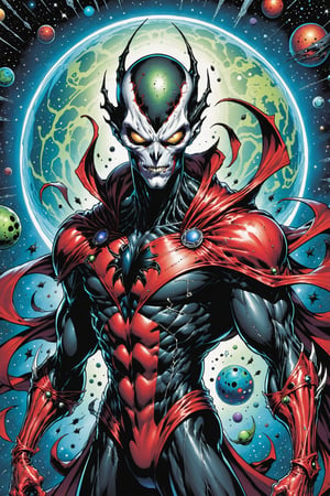 midshot, cel-shading style, centered image, ultra detailed illustration of the comic character ((male Spawn Space Alien, by Todd McFarlane)), posing, ((Half Body)), planets in the background, (tetradic colors), inkpunk, ink lines, strong outlines, art by MSchiffer, bold traces, unframed, high contrast, cel-shaded, vector, 4k resolution, best quality, (chromatic aberration:1.8)