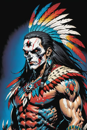 midshot, cel-shading style, centered image, ultra detailed illustration of the comic character ((male Spawn American Indian, by Todd McFarlane)), posing,  he has black  in traditional Indian attire with a skull emblem, ((Half Body)), (tetradic colors), inkpunk, ink lines, strong outlines, art by MSchiffer, bold traces, unframed, high contrast, cel-shaded, vector, 4k resolution, best quality, (chromatic aberration:1.8)