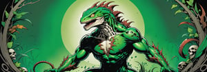 midshot, cel-shading style, centered image, ultra detailed illustration of the comic character ((lizard Spawn by Todd McFarlane)), posing, green, light green, brown, and black body suit with a skull emblem, ((Full Body)) ,ornate background, (tetradic colors), inkpunk, ink lines, strong outlines, art by MSchiffer, bold traces, unframed, high contrast, cel-shaded, vector, 4k resolution, best quality, (chromatic aberration:1.8)