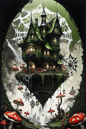 Ultra-wide-angle, photorealistic medieval gothic steam punk shot of an exciting fusion between Spawn and (((A creepy house, spiderweb and a large mushrooms hanging over the house))) in a new character that embodies elements of both, (((spiderwebs))), silver mechanical gears in the background, people, see. Black and Olive green, light, green and red, ink Flow - 8k Resolution Photorealistic Masterpiece - by Aaron Horkey and Jeremy Mann - Intricately Detailed. fluid gouache painting: by Jean Baptiste Mongue: calligraphy: acrylic: colorful watercolor, cinematic lighting, maximalist photoillustration: by marton bobzert: 8k resolution concept art, intricately detailed realism, complex, elegant, expansive, fantastical and psychedelic, dripping paint , in the chasm of the empire estate, night, the moon, buildings, reflections, wings, and other elements need to stay in frame,(isolate object)