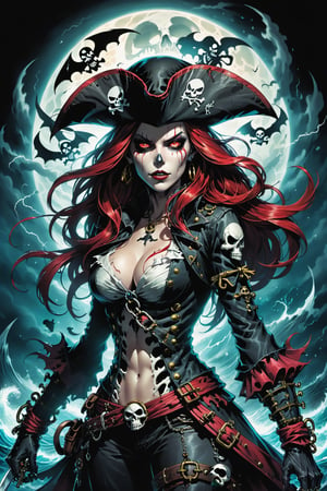 midshot, cel-shading style, centered image, ultra detailed illustration of the comic character ((Female Spawn ,A visually stunning and eerie double exposure artwork, featuring a semi-silhouette of a sinister skull-faced pirate figure. The figure dons a captivating pirate hat adorned with skull and crossbones, with glowing red eyes that exude evil intent. The female pirate's silhouette reveals the intricate detailing of a ghostly pirate ship within, complete with tattered sails fluttering in the wind. The stormy ocean is filled with lightning, and the full moon casts a vibrant glow across the scene, illuminating the ship's rigging and the dark waves. The background is a deep black, allowing the intricate details and vibrant colors to stand out, creating a truly mesmerizing and conceptual dark fantasy masterpiece., portrait photography, photo, illustration, vibrant, conceptual art, dark fantasy by Todd McFarlane)), posing,  ((Full Body)), ((perfect hands)), ((accurate number of fingers)), (tetradic colors), inkpunk, ink lines, strong outlines, art by MSchiffer, bold traces, unframed, high contrast, cel-shaded, vector, 4k resolution, best quality, (chromatic aberration:1.8)