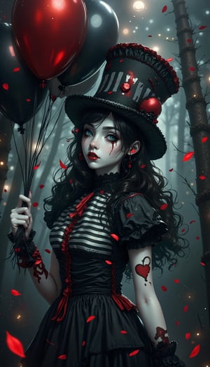 (masterpiece, high quality, 8K resolution). higly stylized and detailed close up anime portrait with mystic and horror embience. A hauntingly beautiful illustration unfolds:  A melancholic gothic clown girl wearing a striped black-and-white outfit, holding red and black balloons. Her long, wavy hair flows beneath a tilted top hat with matching black-and-white stripes. She has pale skin with dark makeup and a stitched smile painted across her face. A heart tattoo decorates her arm, adding a touch of fragile beauty. The background is a hazy, mist-filled forest with soft, glowing bokeh lights, creating an eerie yet enchanting atmosphere. Red petals drift in the air, enhancing the melancholic mood.